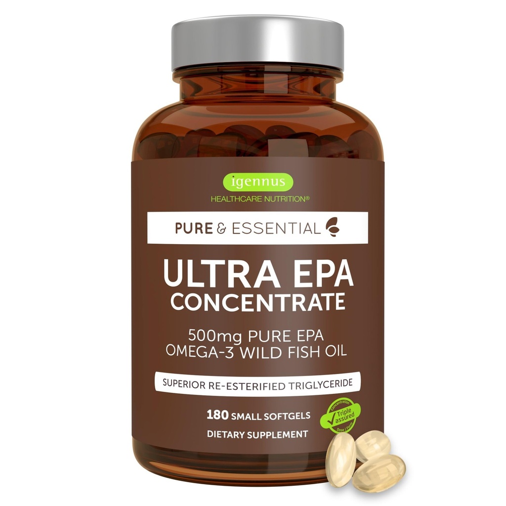 Igennus Ultra Pure Omega-3 EPA 500mg, Højkoncentreret IFOS Certificeret Wild Fish Oil, Advanced rTG triglycerid Form, non-GMO, 180 små bløddele