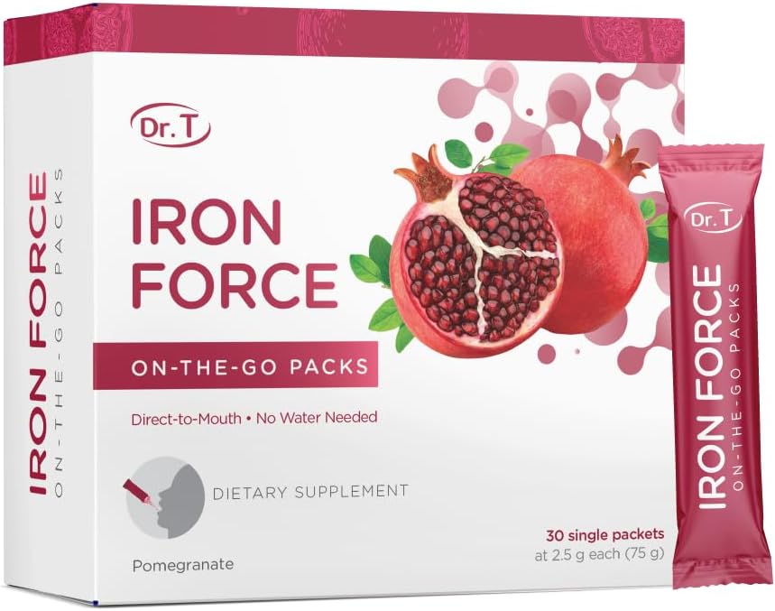 Dr. T On- The- Go Iron Force Packs - Direct- to- Mouth Powder - øger produktionen af røde blodceller, forbedrer energiniveauer, fremmer optimal ilt transport - 30 Praktisk Single-Serve Packs