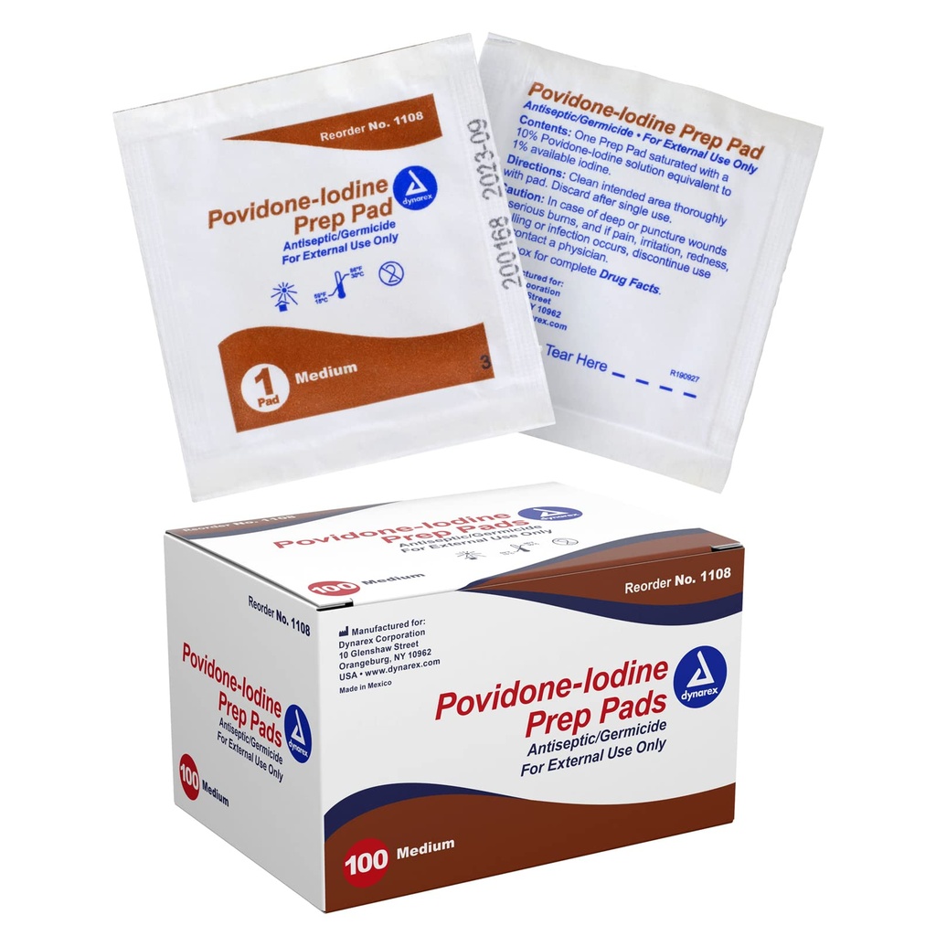 Dynarex Povidon- Jod Prep Pads, Mættet med Povidon Jod 10%, Medicin-Grade Antiseptisk Wipes Anvendes til Prepping Prior Minor Procedures, Medium, 1 tilfælde af 100 Prep Pads