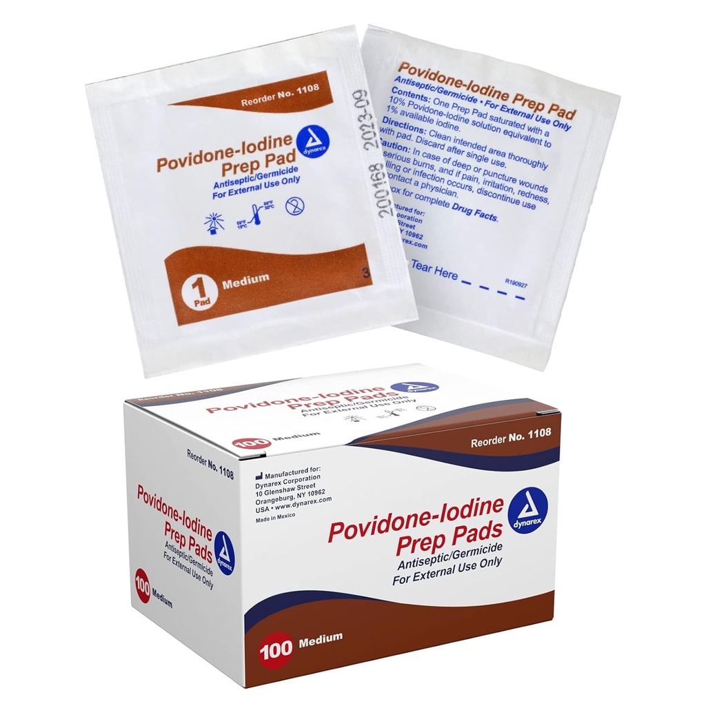 Dynarex Povidon- Jod Prep Pads, Mættet med Povidon Jod 10%, Medicin-Grade Antiseptisk Wipes Anvendes til Prepping Prior Minor Procedures, Medium, 1 tilfælde af 100 Prep Pads