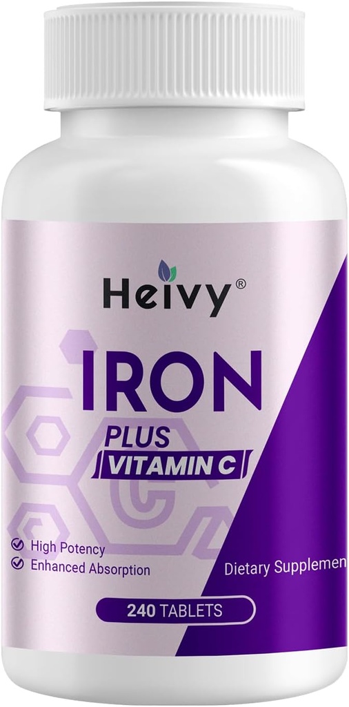 Hevy Ferrosulfate 325mg (jern 65mg), højpotens jerntilskud for kvinder og mænd, jernpiller med C-vitamin, ferrosulfate, non-GMO - 240 tabletter Made in USA
