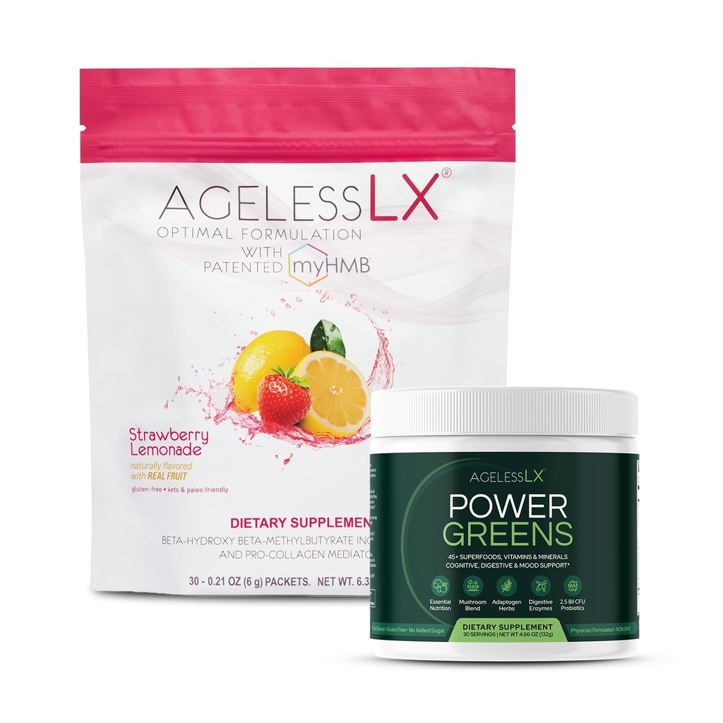 AgelessLX Strawberry Lemonade & Power Green Powder Supplement Bundle - Anti- Aging og grønne superfood kosttilskud