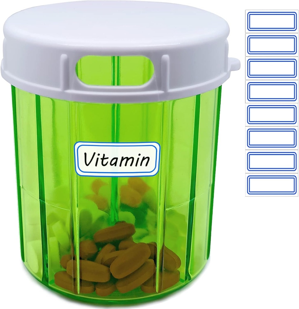 Vitamin Organizer Stor Pill Dispenser 4 Segment Portable Pill Organizer til fiskeolier, Vitamin, Kosttilskud, Medicin (Pill Container + Self Adhesive Labels)