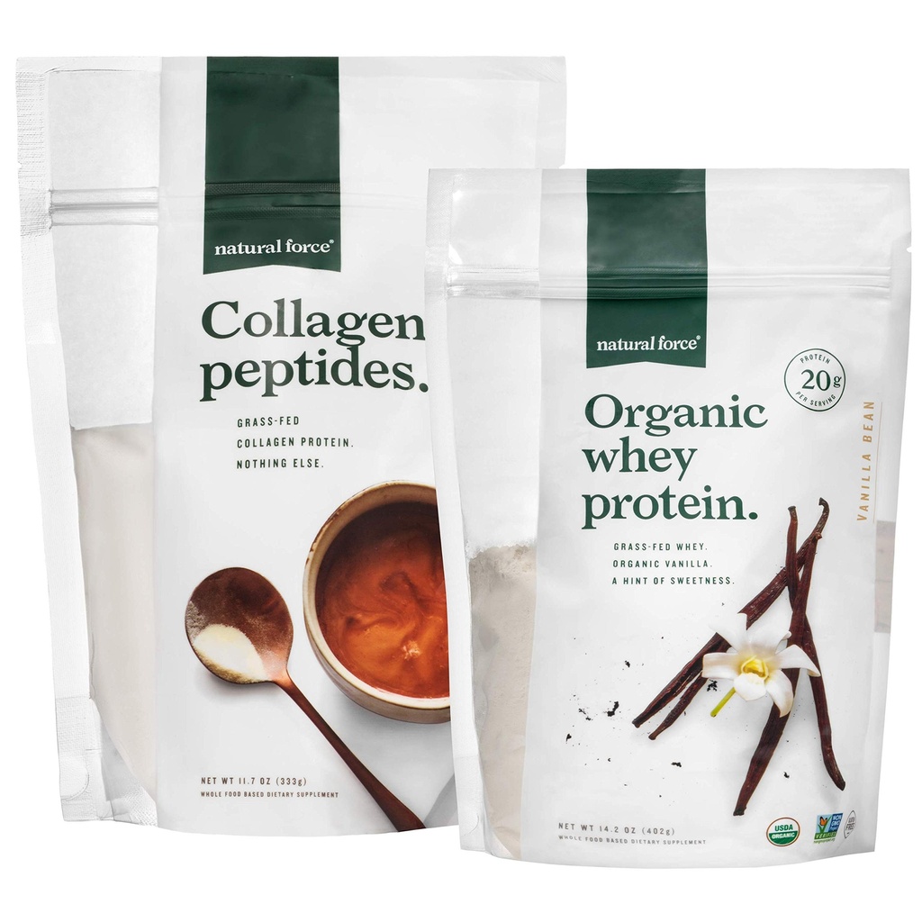 Natural Force Clean, Grass Fed Collagen Peptider + Vanilla Organic Whey Protein Bundle - Organic, Non GMO Whey Protein & Hydrolyzed Type I og III Collagen - 14.3 Ounce Bag og 11.7 Ounce Bag