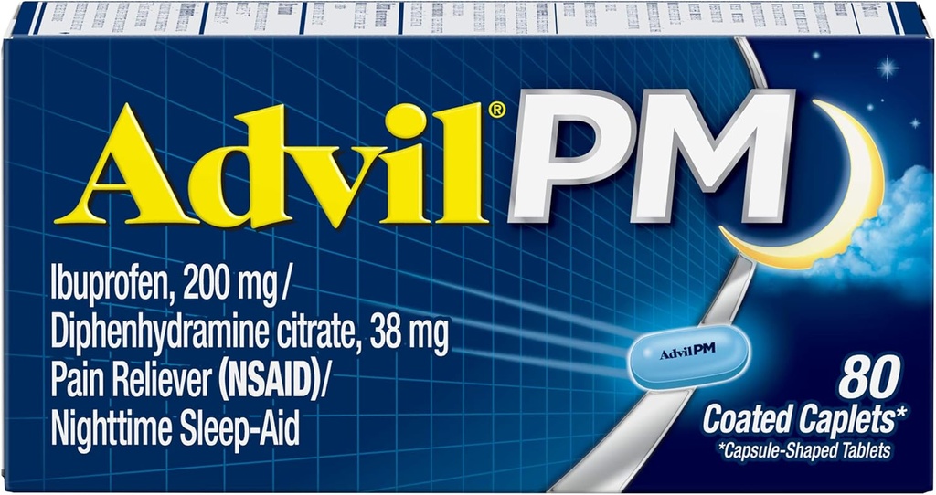 Advil PM Pain Reliever og Nighttime Sleep Aid, Pain Medicine med Ibuprofen for Pain Relief og Diphenhydramin Citrate for a Sleep Aid - 80 Greve (pakke med 2)