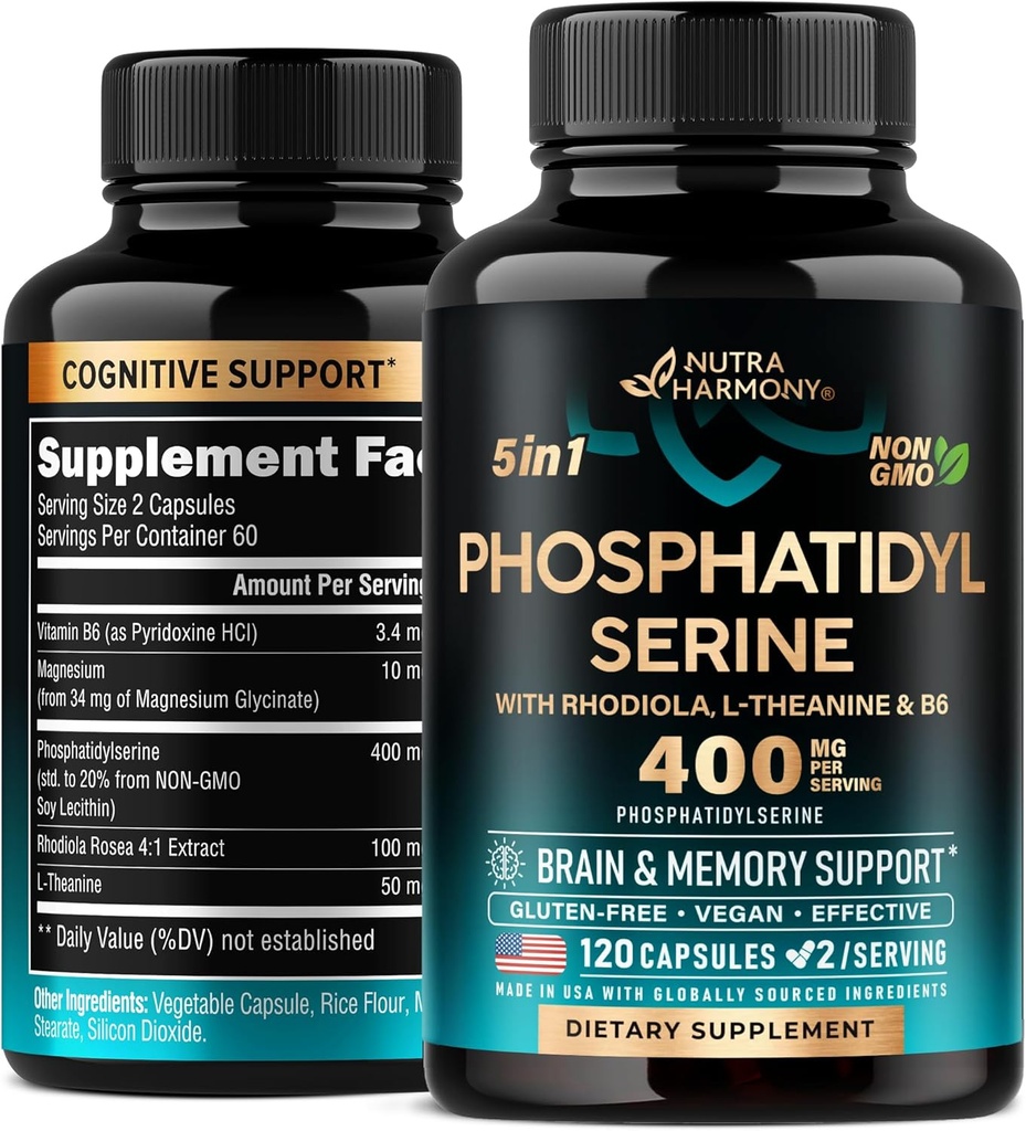 Phosphatidylserin 400 mg med L- Theanin, Magnesium & vitamin B6, Rhodiola Rosea - Brain, Memory & Focus Support - Certificeret non-GMO, naturligt afledt & biotilgængelig - Made in USA - 120 Сapaps