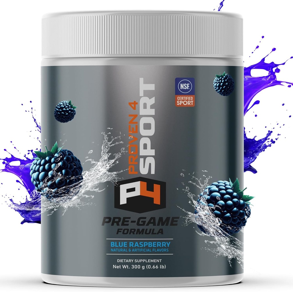 Proven4 Pre Workout pulver til mænd og kvinder med Creatin - Beta Alanine - Koffein NSF Certificeret præworkout Energy Supplement Blå Hindbær 30 Servere