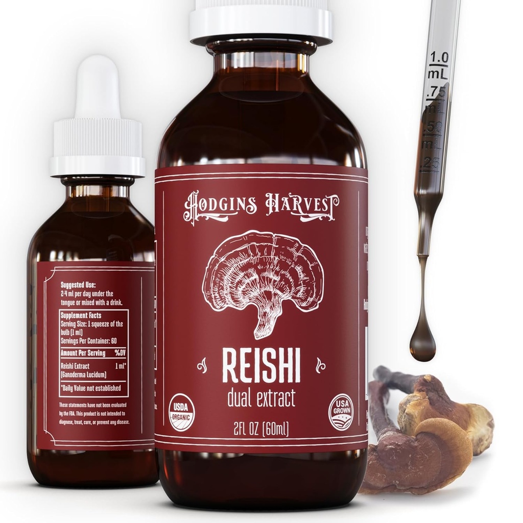 Hodgins Harvest Organic Reishi Mushroom Fruiting Body Extract Tinktur - Ekstra koncentreret Dual Extract Supplement - Understøtter hjerte sundhed & wellness - USDA Organic Mushrooms - 2 oz