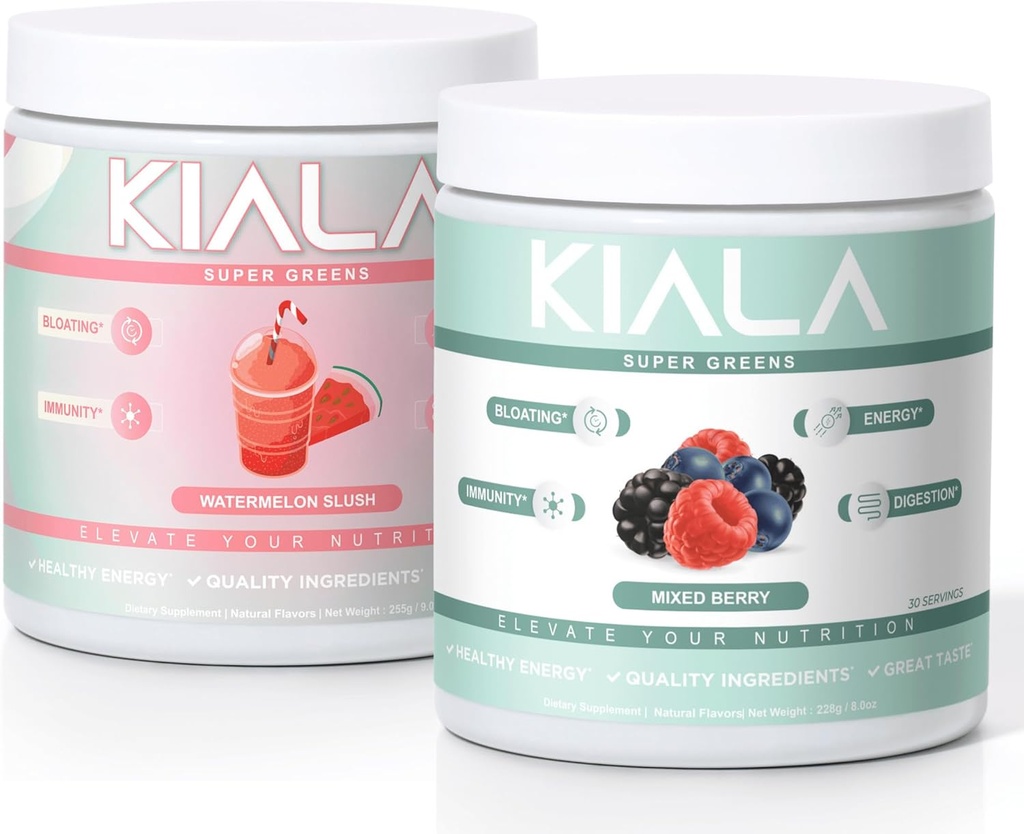 Kiala Nutrition Super Green, Organic Green Powder, Spirulina & Chlorella Superfood Powder, Sugar & Gluten Free Vegan, Spectra Blend, Watermelon & Blandet Berry 2 Pack