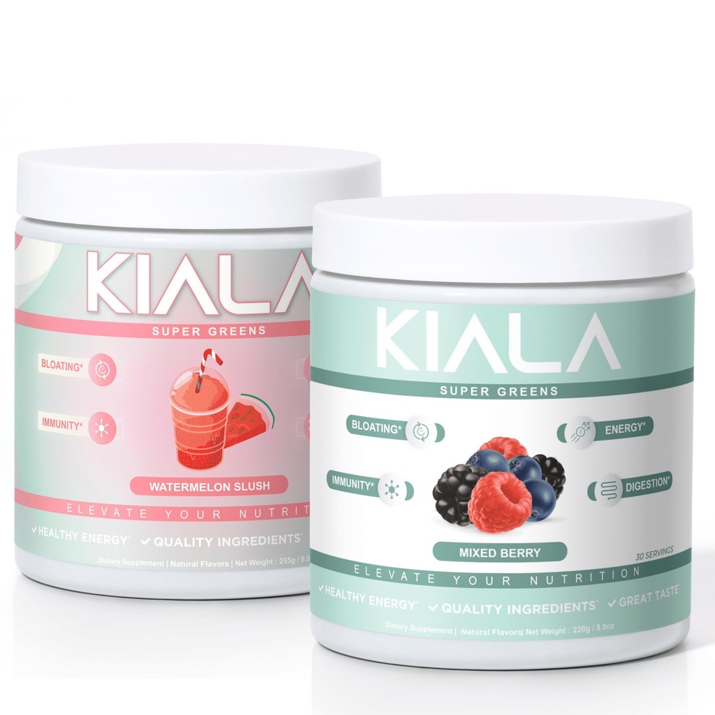Kiala Nutrition Super Green, Organic Green Powder, Spirulina & Chlorella Superfood Powder, Sugar & Gluten Free Vegan, Spectra Blend, Watermelon & Blandet Berry 2 Pack