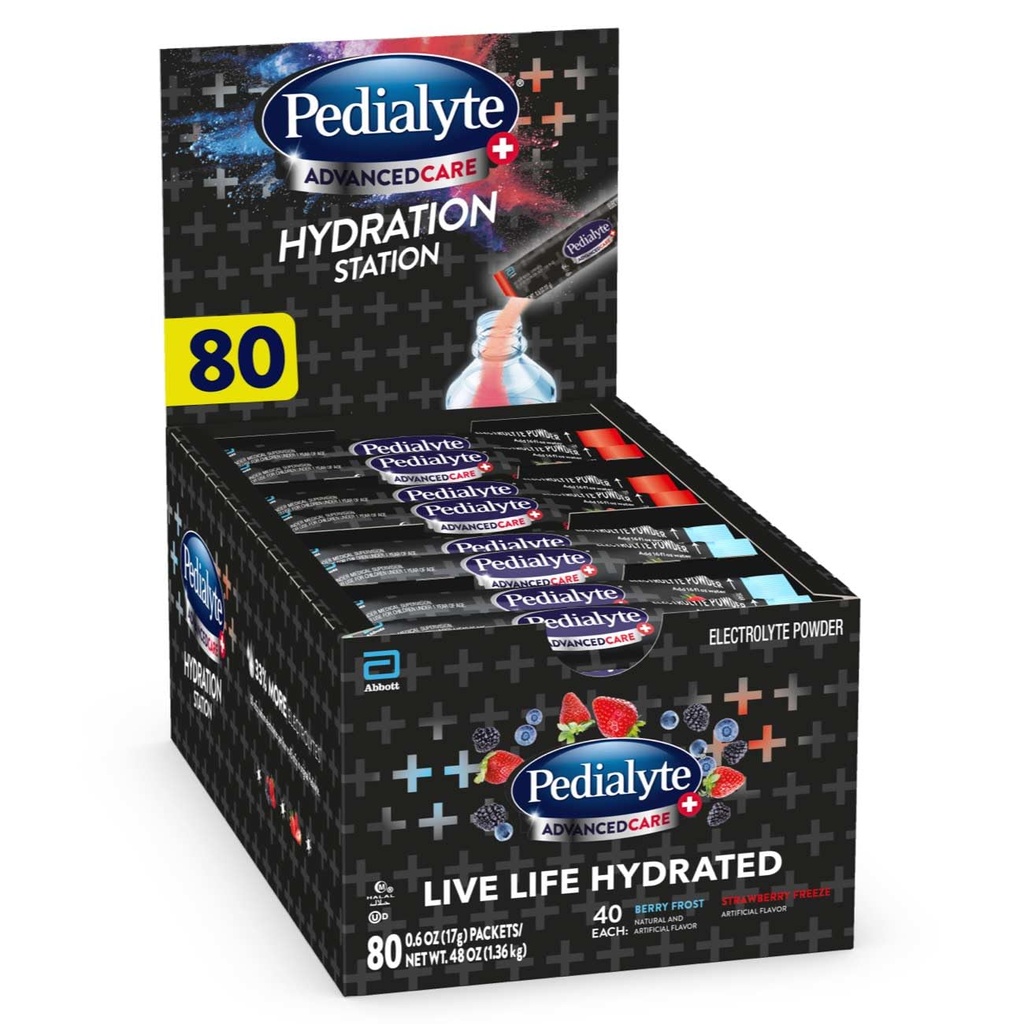 Pedialyte AdvancedCare Plus Electrolyte Powder, har 33% flere Electrolytes og PreActiv Prebiotics, Hydration Station Variety, 80 Powder Packets