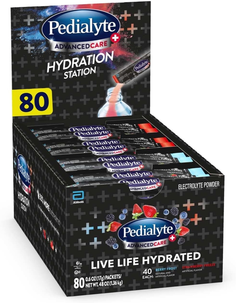 Pedialyte AdvancedCare Plus Electrolyte Powder, har 33% flere Electrolytes og PreActiv Prebiotics, Hydration Station Variety, 80 Powder Packets