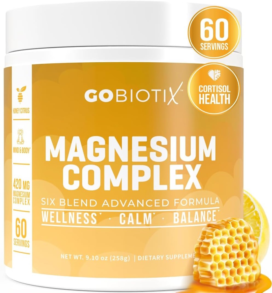GoBiotix Magnesium Glycinat Pulver - Cortisol Kosttilskud til kvinder og mænd - Høj Absorption Magnesium Complex Calm Supplement med citrat, Malat - Sukker Free - 420 mg, 60 Servering - Honning Citrus