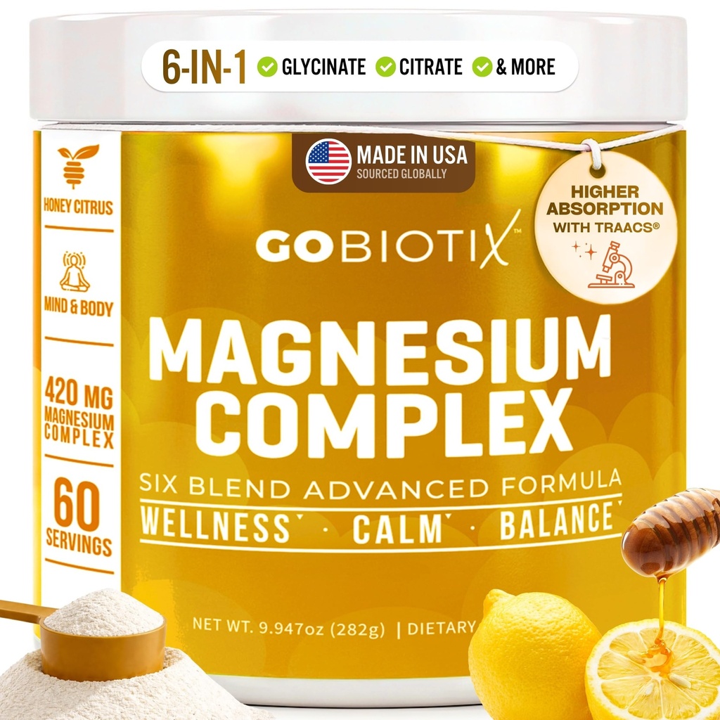GoBiotix Magnesium Glycinat Pulver - Cortisol Kosttilskud til kvinder og mænd - Høj Absorption Magnesium Complex Calm Supplement med citrat, Malat - Sukker Free - 420 mg, 60 Servering - Honning Citrus