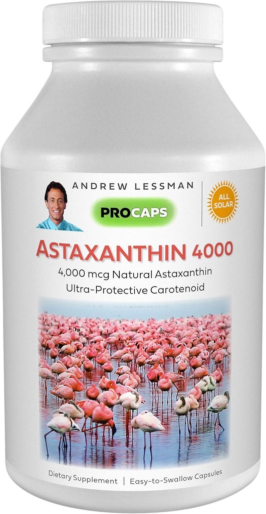 ANDREW LESSMAN Astaxanthin 60 Softgels - 4000 mcg Natural Astaxanthin, Kraftfuld Antioxidant Carotenoid. Beskyttelse af øjne, hjerte, hud og mere. Ingen tilsætningsstoffer. Let at sluge Softels