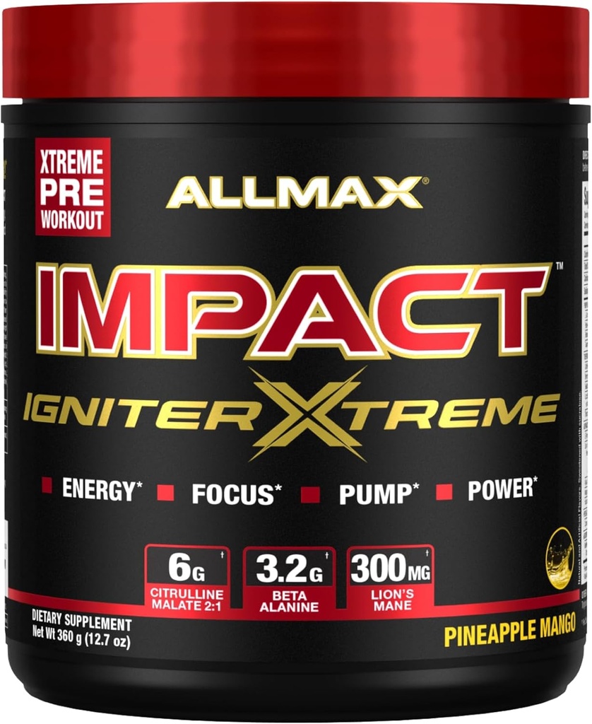 ALLMAX Nutrition - Impact Iditer Extreme Pre Workout Powder - med Citrullin Malat, Beta-alanin, Koffein, Taurin, og, Betain vandfri (Ananas Mango)