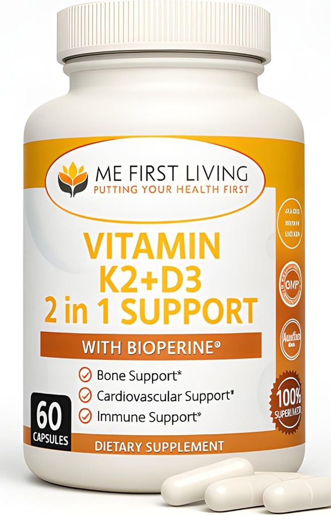 Me First Living Vitamin D3 K2 Supplement Bone og Heart Health Non- GMO Formel 125 MCG Vitamin D3 & 100 MCG Vitamin K2 MK- 7 Let at synke D & K Vitamin Kompleks med calcium