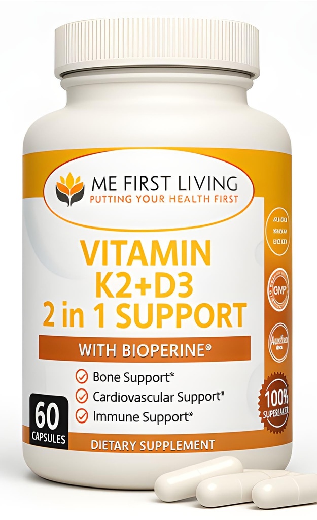 Me First Living Vitamin D3 K2 Supplement Bone og Heart Health Non- GMO Formel 125 MCG Vitamin D3 & 100 MCG Vitamin K2 MK- 7 Let at synke D & K Vitamin Kompleks med calcium