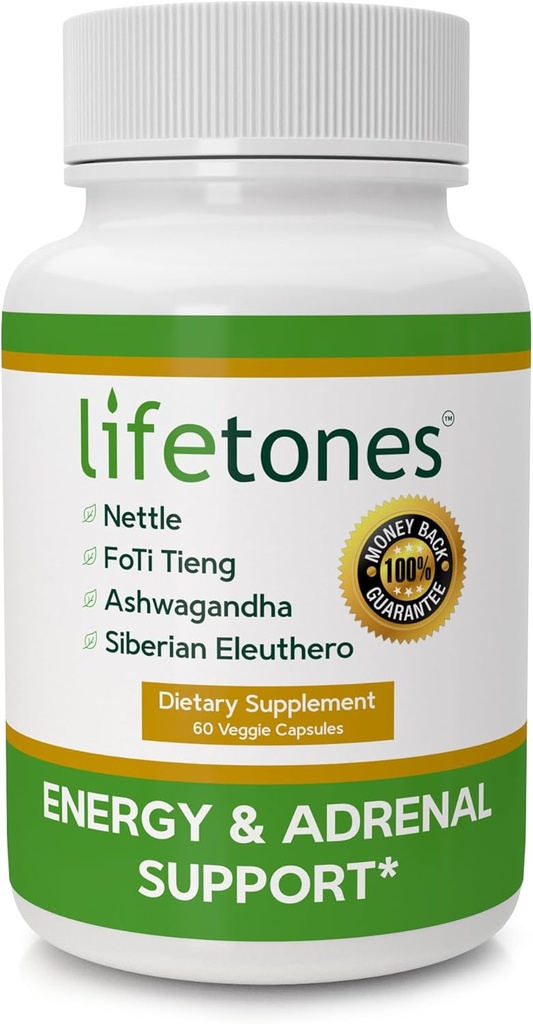 Lifetones Energy & Adrenal Support Kapsler - Natural Energy Boost, Stress Relief, og Adrenal Health Formel - 60 Vegan Vitamin
