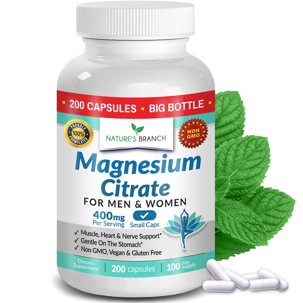 Magnesium Citrate 400mg - 200 kapsler - Høj styrke for søvn, ben kramper, ekstra styrke Absorption, Let at synke piller for kvinder & mænd, Vegan tillæg Ikke tabletter - Fremstillet i USA