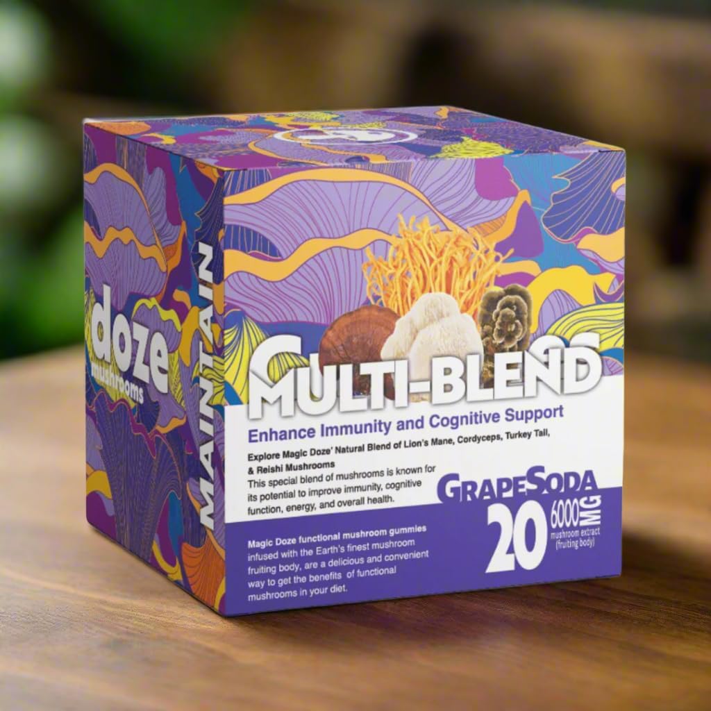 Magic Doze ™ Contintain: Multi- Blend Mushroom Gummies, 6000mg Lions Mane, Cordyceps, Reishi, og Tyrkiet Tail Fruiting Body, 20 Vegansk Gummies Per flaske