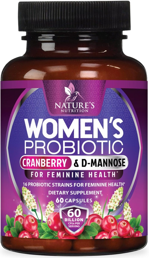 Probiotika til kvinder 60 Millioner CFU - 16 Strops, Prebiotika & Tranebær, PH Balance, fordøjelsessygdomme, vaginal & immunforsvar, Womens Probiotika til Gut Health, Hylde Stable - 60 Kapsler