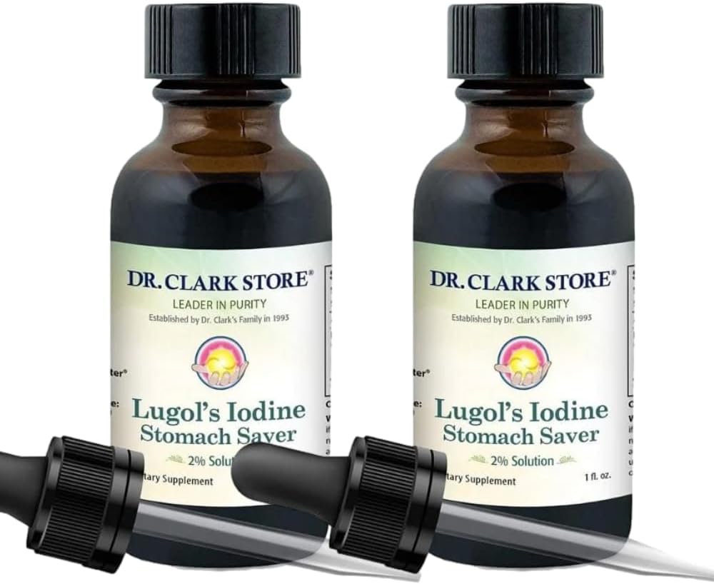 Dr. Clark Lugol 's Jod 2% Opløsning - Vandrig og 2% Granulær Jod - Natural Mave Relief and Healthcare - 1 fl. Oz med en Dropper 2Pack