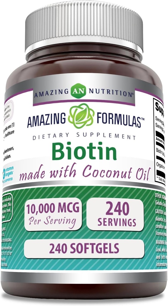 Amazing Formulas Biotin med ekstra Virgin Organic Coconut Oil Supplements 124; 10000 Mcg