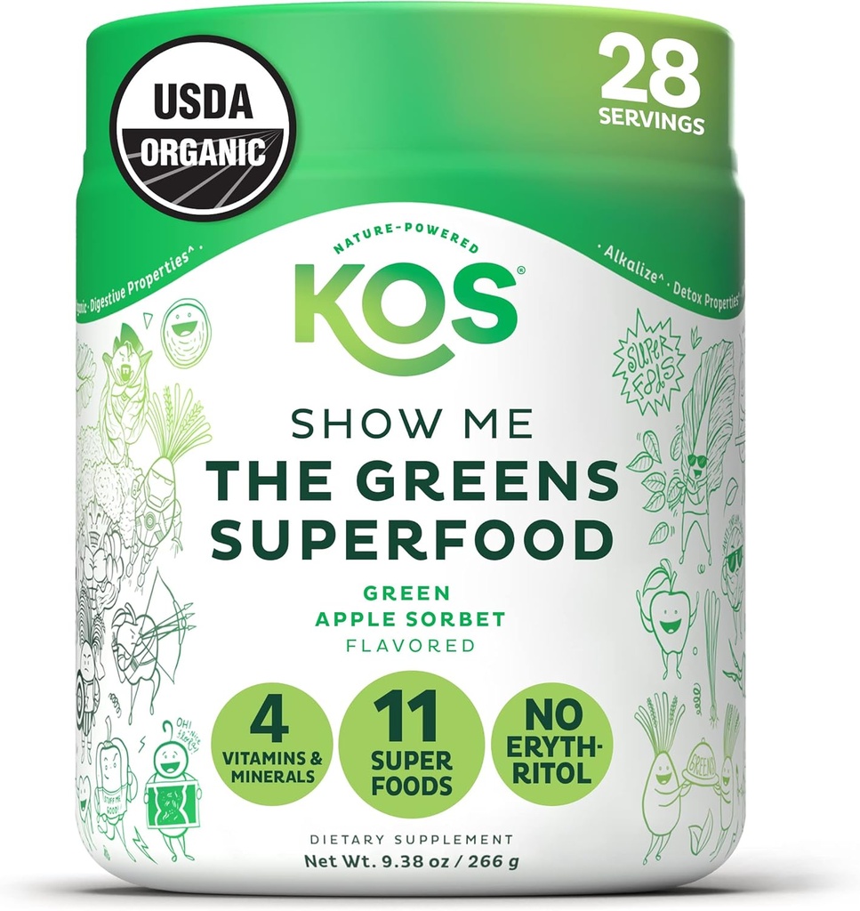 KOS Organic Super Green Powder Erythritol Free - Plant Based Superfood Blend with Spirulina, Chlorella & Wheatgrass - USDA Certified Organic, Green Juice Smoothie - Apple Flavor - 28 Serveringer