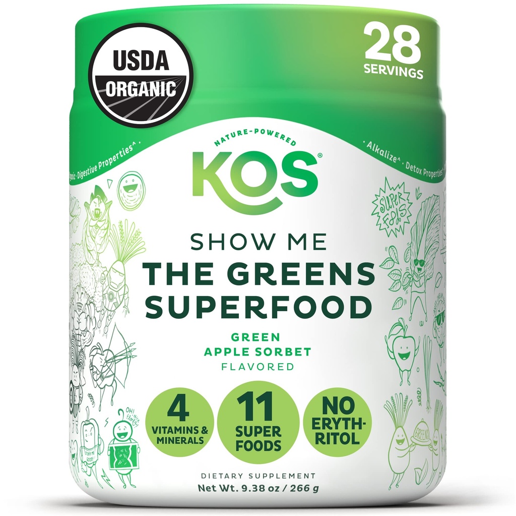 KOS Organic Super Green Powder Erythritol Free - Plant Based Superfood Blend with Spirulina, Chlorella & Wheatgrass - USDA Certified Organic, Green Juice Smoothie - Apple Flavor - 28 Serveringer