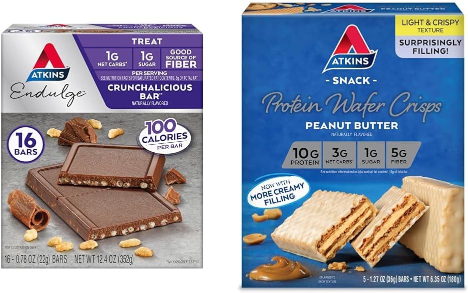Atkins Endulge Crunchalicious Chocolate Bar, Peanut Butter Protein Wafer Crisp Bundle, 16 Greve, 5 Greve