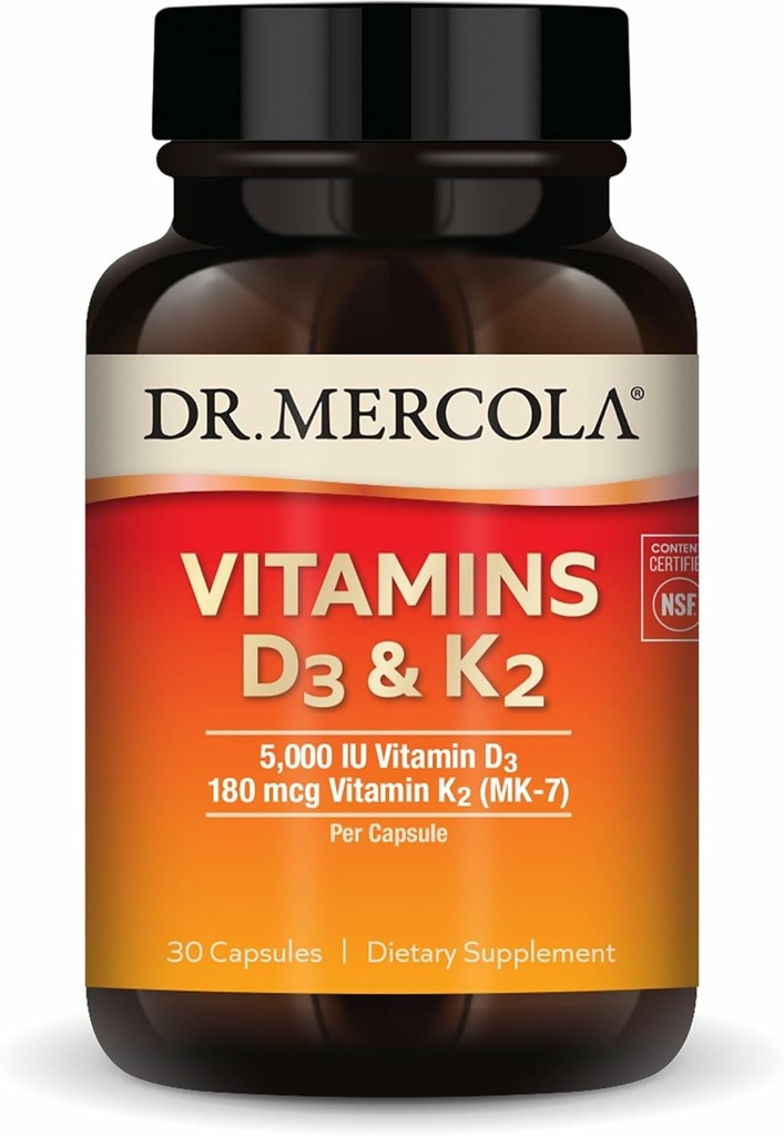 Dr. Mercola Vitaminer D3 & K2 - Understøtter immunforsvar, hjerne, cardiovaskulære, luftveje & knogler sundhed - GMO- Free, Gluten- Free & Soy- Free - 30 kapsler (30 Servere)