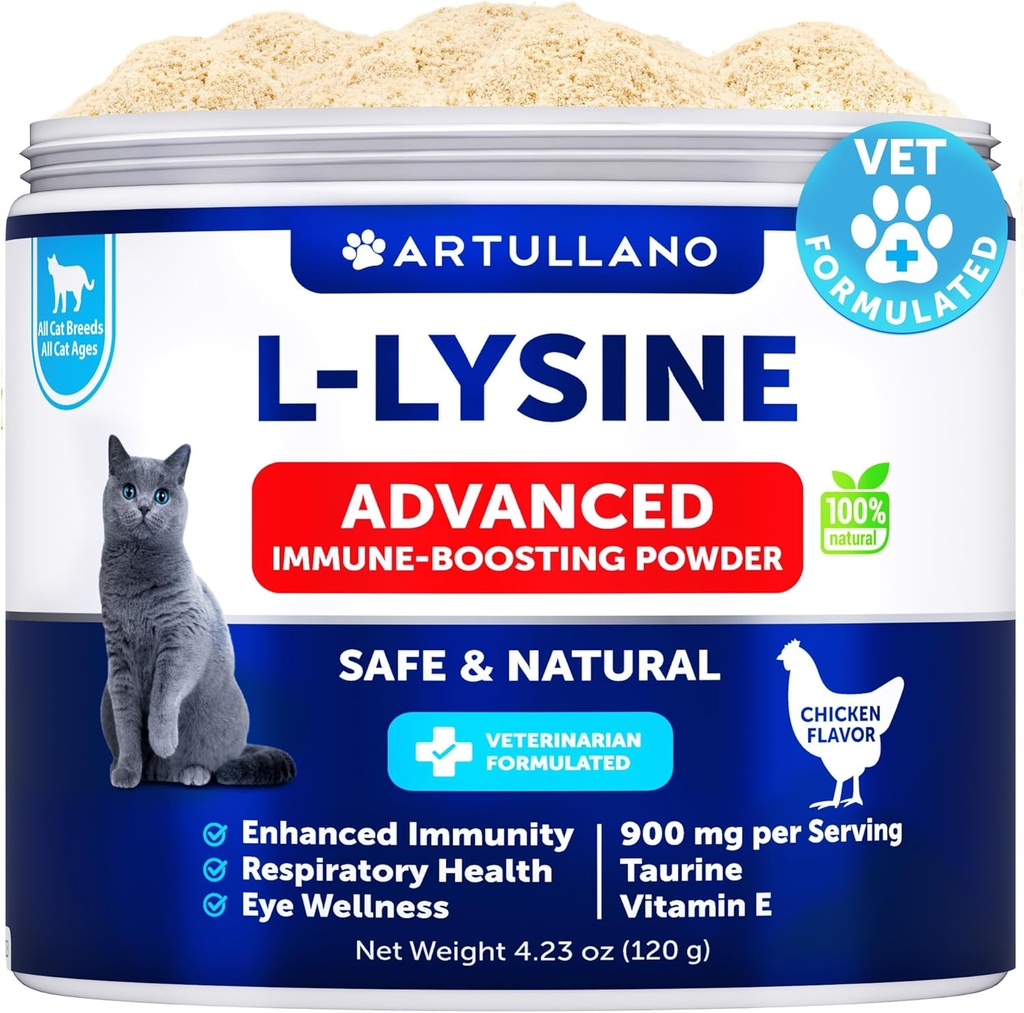 L- Lysin til katte - Lysin pulver supplement - 900mg / servering - immunforsvar for katte & killinger - nysen, runny Næse, Squinting, ure øjne, kold, øje funktion, respiratorisk sundhed - med Taurine