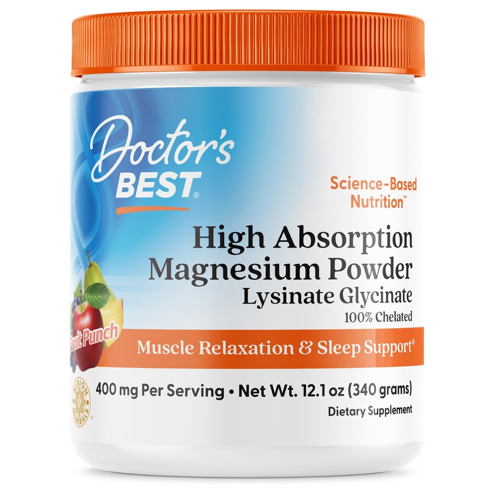 Læger Bedste Høj Absorption Magnesium Pulver Lysinat Glycinat 100% Chelated, Muscle Afslapning & Sleep Support, Gluten Free, Vegan, 100% Chelated Net Wt. 12,1 oz (340 Bedste), Fruit Punch Flavor