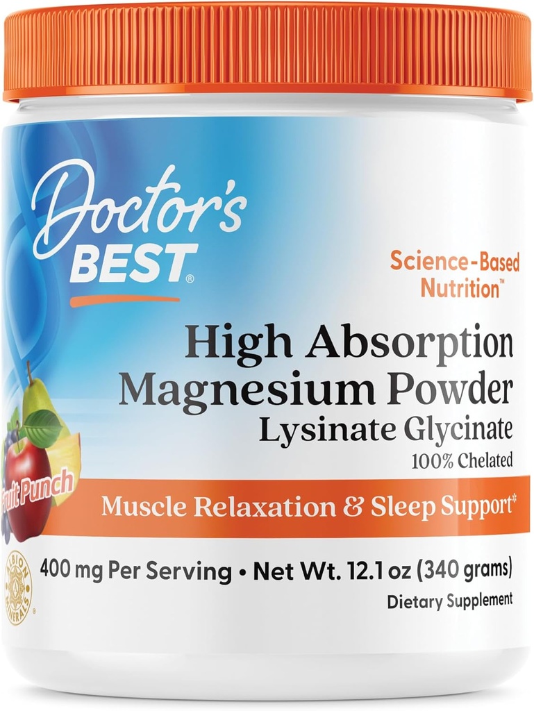 Læger Bedste Høj Absorption Magnesium Pulver Lysinat Glycinat 100% Chelated, Muscle Afslapning & Sleep Support, Gluten Free, Vegan, 100% Chelated Net Wt. 12,1 oz (340 Bedste), Fruit Punch Flavor