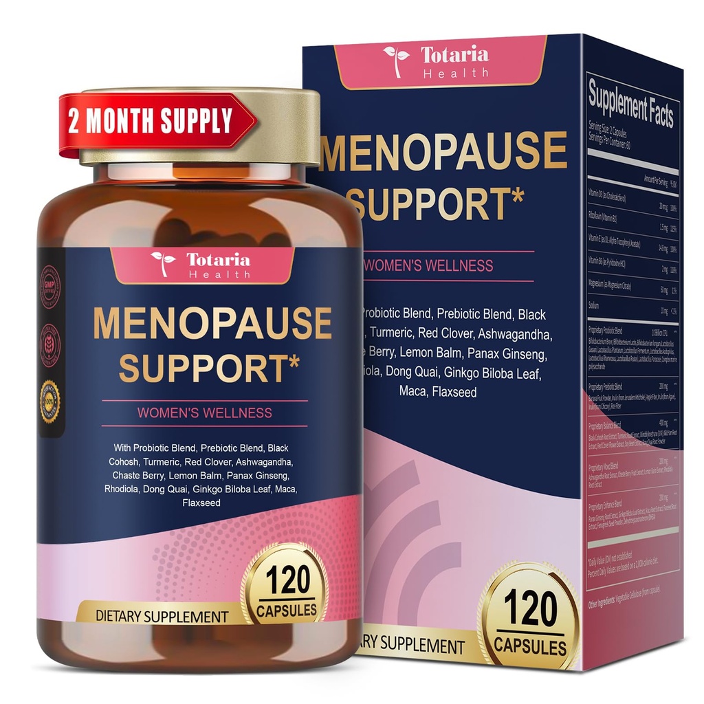 40- in-1 Menopause Kosttilskud til kvinder, Multibenefit & Komplet Black Cohosh for Hot Flashs, Night Sweats & Hormone Balance, w / Probiotika, DIM, Vitex, Dong Quai, Red Clover og mere, 120 Vegansk Caps