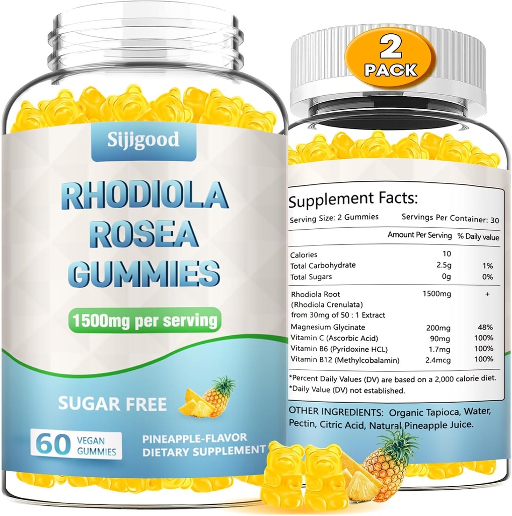 2 Pack Sugar- Free Rhodiola Rosea Gummies, Adaptogen Rhodiola Rosea Supplement & Cortisol Blocker til forbedret Stamina, Mood Elevation, og motivering Boost, ikke-GMO, Vegan, 120 Greve