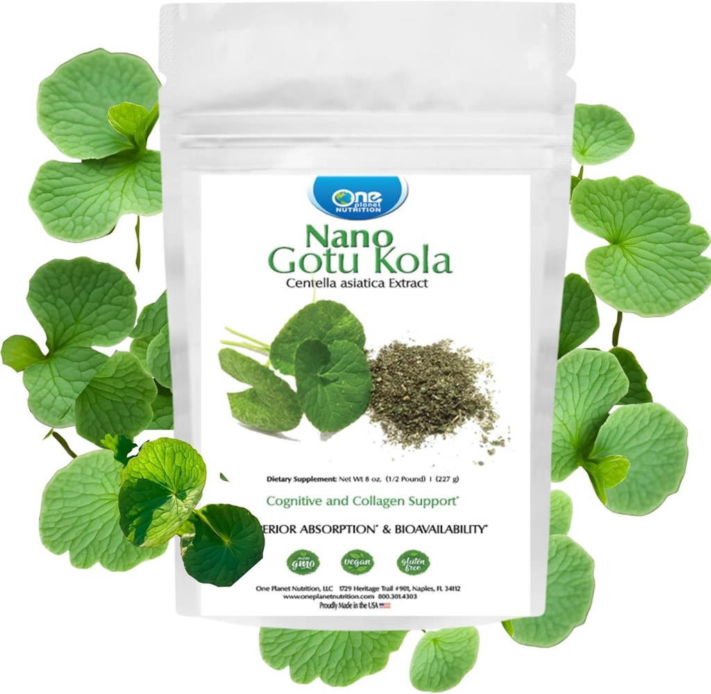 One Planet Nano Gotu Kola Powder 8 oz (227 Servere), Gotu Kola Extract, Nano for Enhanced Absorption, Enhances Brain Function & Collagen Syntese, Non- GMO, Vegan, Gluten- Free