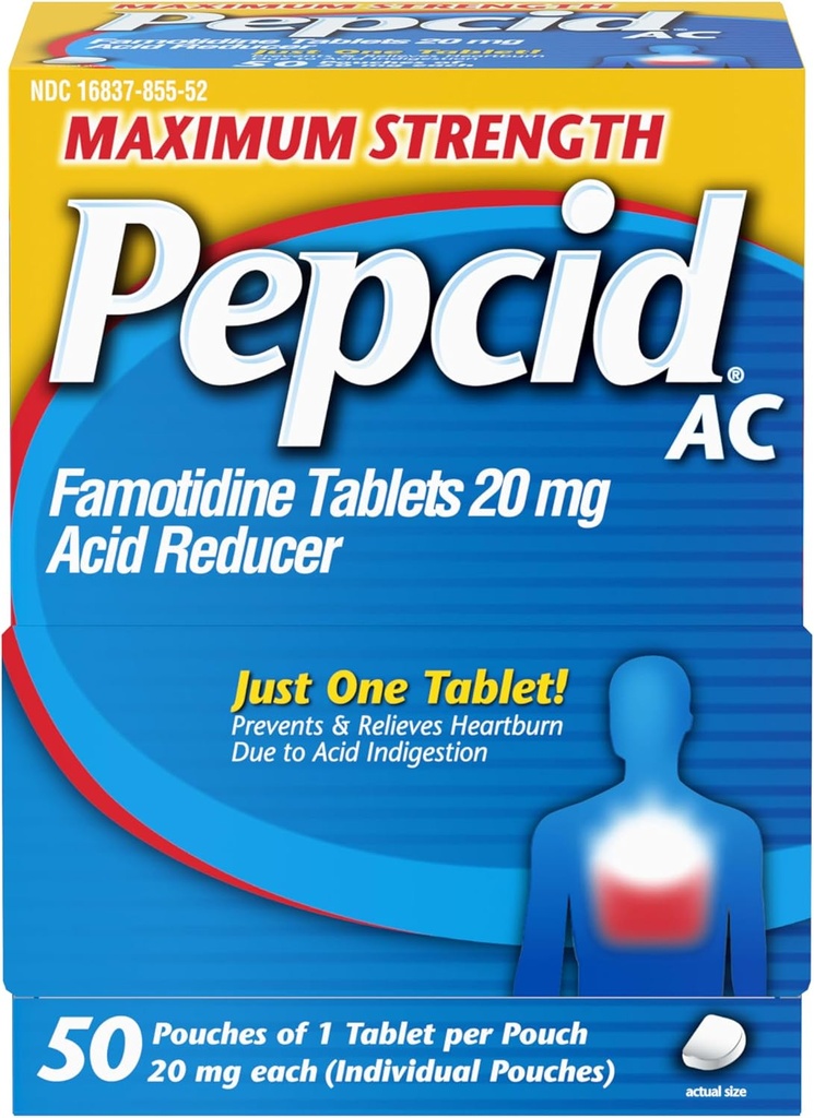 Pepcid AC Maksimal styrke Heartburn Relief Tablets, OTC Medicine Prevents & Relieves Heartburn & Acid Reflux På grund af syrefordøjelsesbesvær, 20mg Famotidinsyre Reducer, Fast- Funktion, 1 x 50 ct