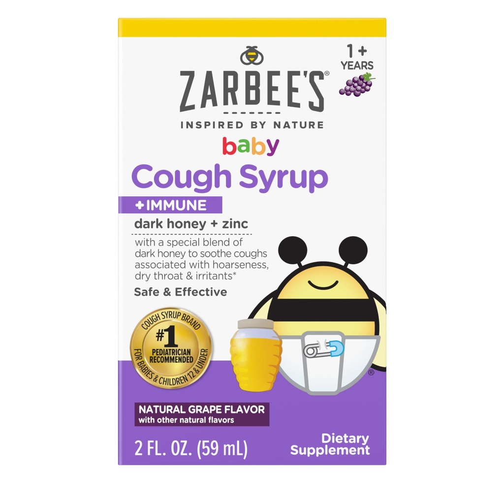 Zarbee 's baby honning hoste syrup + immunforsvar for babyer 12- 24 måneder, Sikker & effektiv host syrup med beroligende mørk honning & zink til immunforsvar *, narkotika & alkohol-fri, Grape, 2 fl. Oz