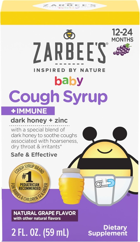 Zarbee 's baby honning hoste syrup + immunforsvar for babyer 12- 24 måneder, Sikker & effektiv host syrup med beroligende mørk honning & zink til immunforsvar *, narkotika & alkohol-fri, Grape, 2 fl. Oz