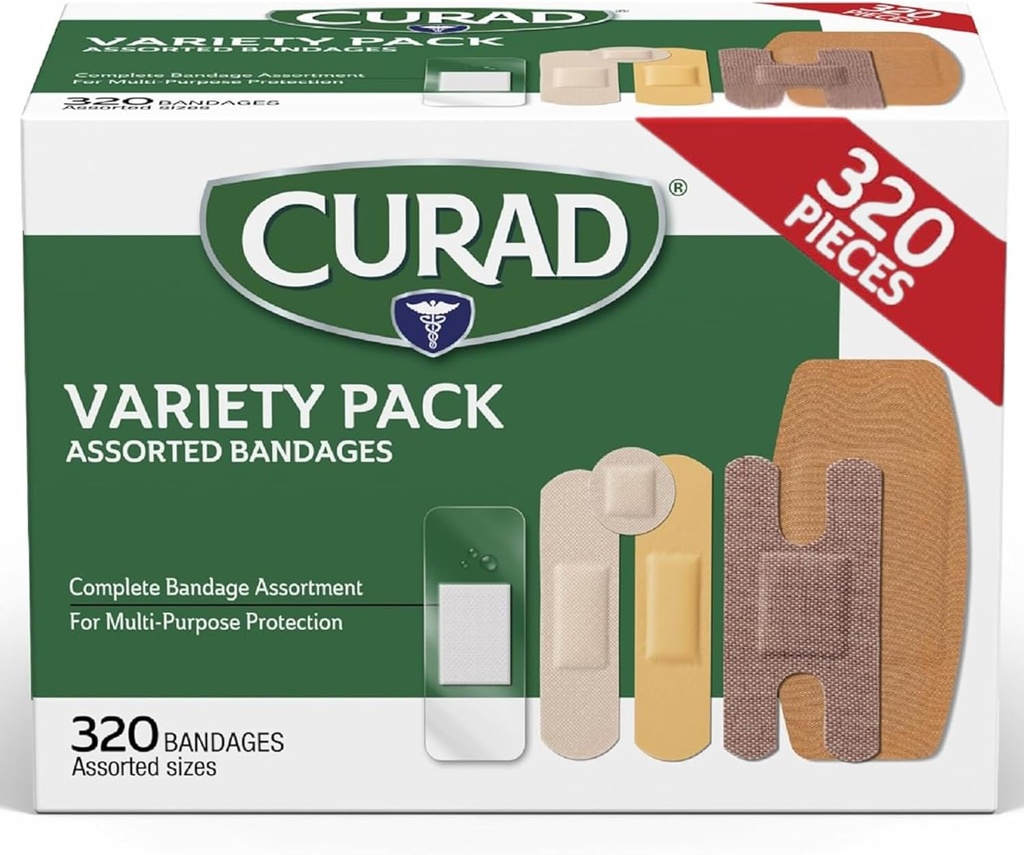 CURAD Assorted Bandages Bulk Variety Pack 320 Count 5 Style herunder vandtæt, Sheer, Plastic, Heavy Duty & Flex- stof førstehjælp Kit Essentials Beskytter Scrapes, Cuts & Burns