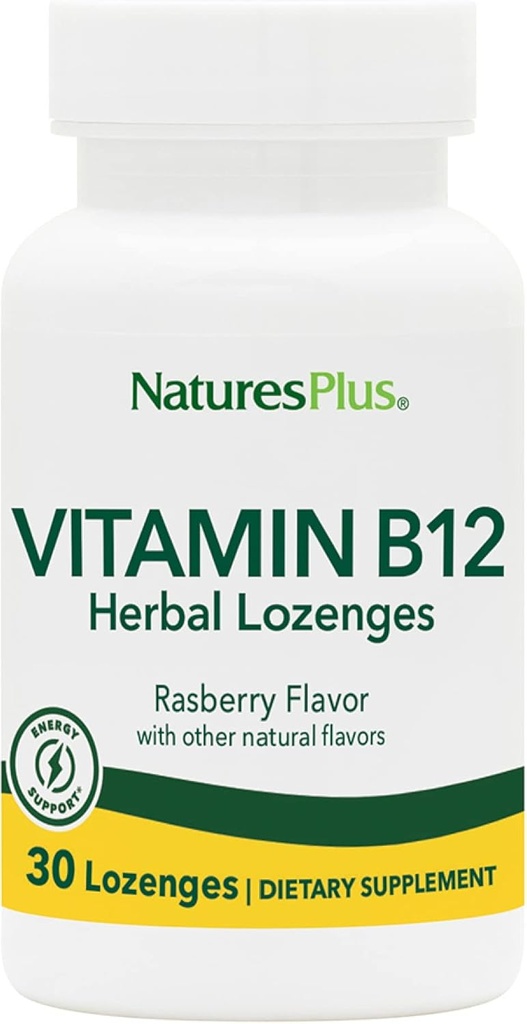 Natures Plus B12 Herbal Lozenges (Methylcobalamin) - 1000 mcg, 30 Sublingual Lozenges - Hindbær - Maksimal Absorption Red Blood Cell Support - Energy Booster - Vegetar, Gluten- Free - 30 Servere