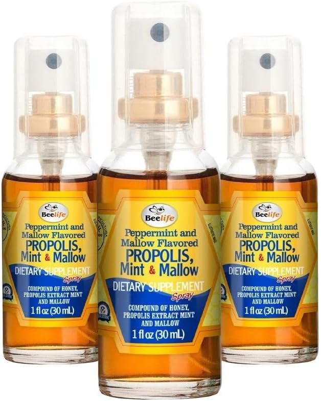 Beelife Propolis Throat Spray - Lindrende honning, Mint & Malva Propolis Spray - Naturlig immunforsvar & Sore Throat Relief - Bee Propolis - Antioxidanter, Flavonoider & Artepillin C, Gluten- Free - 3- Pack