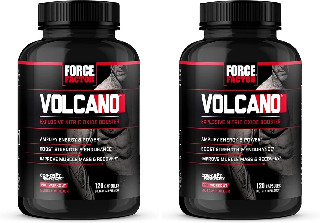 Force Factor Volcano Pre Workout Nitric Oxide Booster Supplement for Men with Creatine and L-Citrulline to Boost and Energy, Help Build Muscle, Better Pump and Workout, 120 Capsules (Pack of 2)