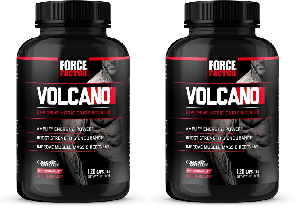 Kraftfaktor Volcano Pre Workout Nitrooxid Booster supplement til mænd med Creatin og L-Citrullin til Boost og energi, Hjælp Build Muscle, Bedre Pump og træning, 120 kapsler (pakke med 2)