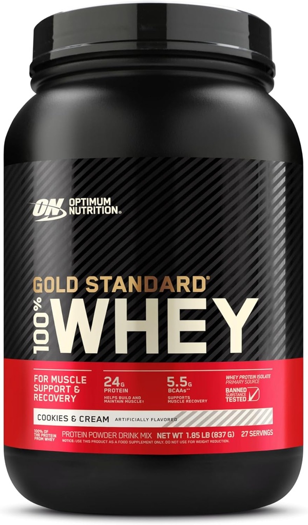 Optimum Nutrition Gold Standard 100% Whey Protein Powder, Cookies & Cream, 2 Pund (Packaging May Vary)