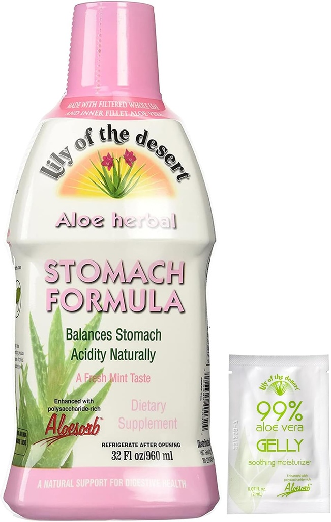 Lily af The Desert Maveformel, Organic Aloe Vera Juice med Slippery Elm, Kamille, pebermynte, og Ginger til Gut Health, Acid Reflux, Heartburn Relief, 32 Oz, Gelly Sachet inkluderet.