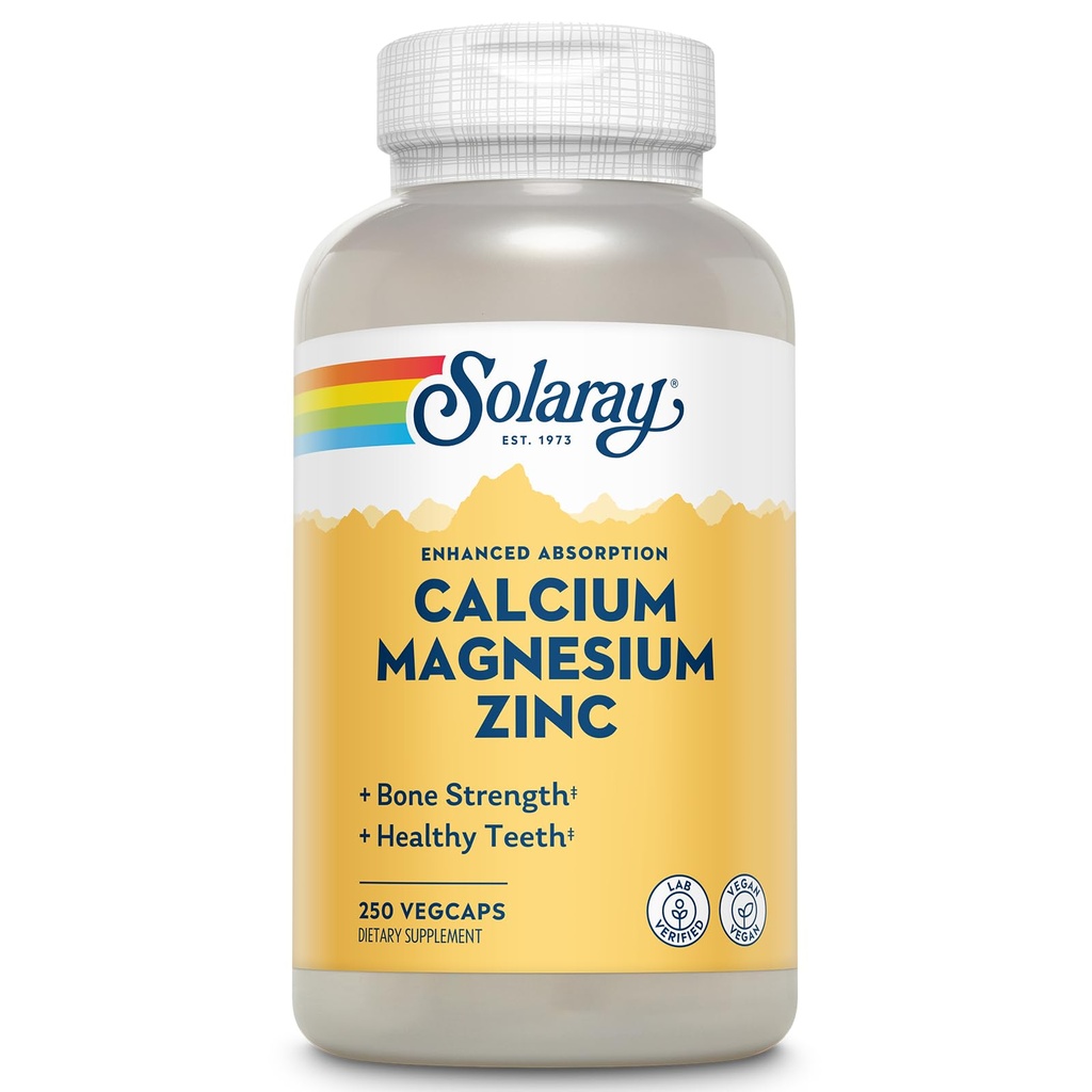 SOLARAY Calcium Magnesium Zink tillæg - med Calcium 1000mg, Magnesium 500mg - Knoglesundhed, muskelfunktion, hjerte sundhed og immunforsvar - Vegan, 60 dages garanti, 62 Servere, 250 VegCaps
