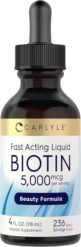 Carlyle Biotin 5000mcg Liquid Drops Mex124; 4 fl oz; for kvinder og mænd Mex124; Berry Flavor Mex124; Beauty Formel 124; Vegetar, Non- GMO & Gluten Free Supplement